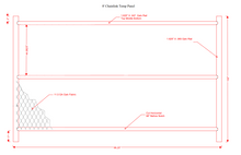 Detailed schematic of an 8' chain link temporary fence panel, highlighting frame structure, mesh gauge, and assembly measurements.